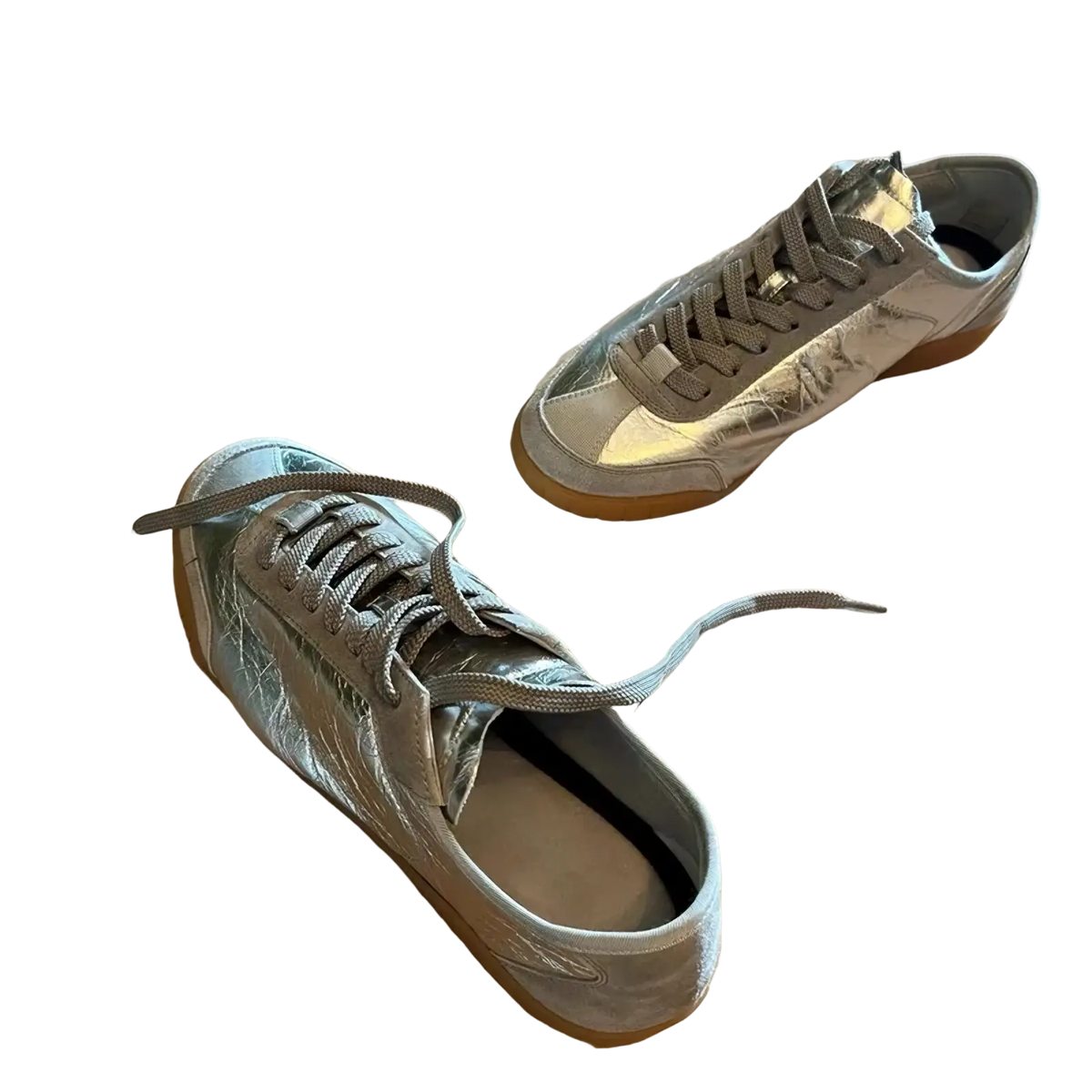 Silver metallic leather casual sneakers with shiny textured crinkled leather upper and matching laces