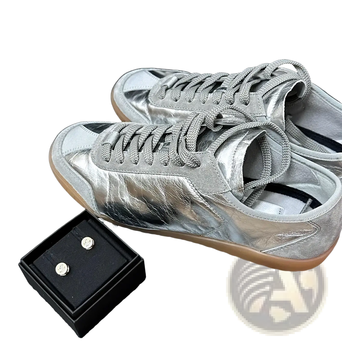 Silver metallic leather casual sneakers with shiny silver finish gray laces and tan rubber sole