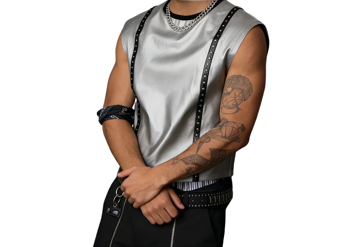 Silver metallic studded men tank top in silver satin with black studded sleeveless straps shown from the back