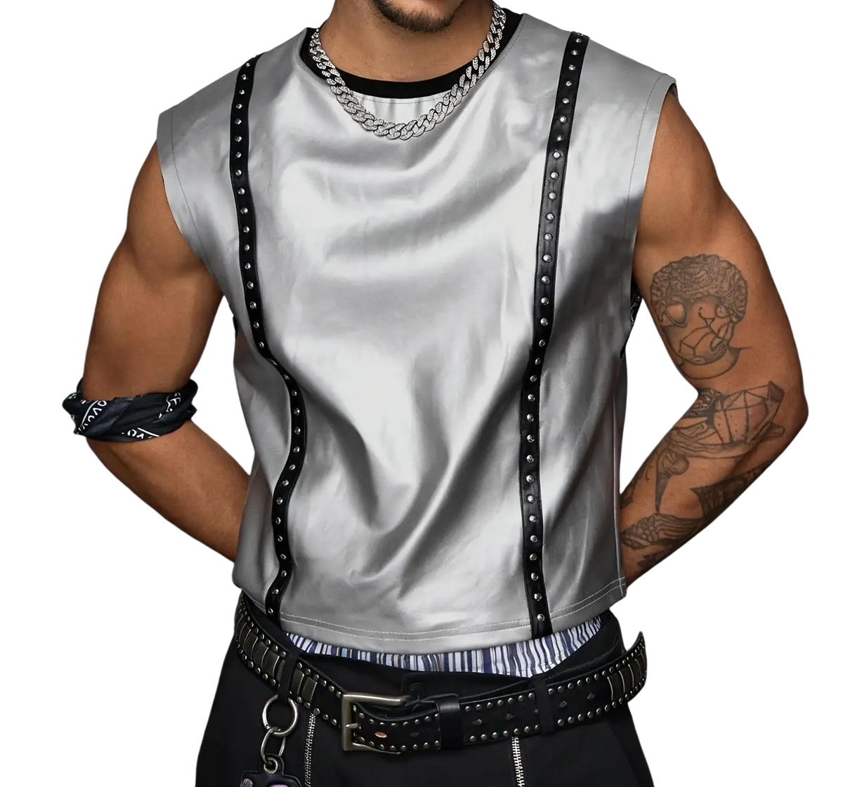 Silver metallic studded men tank top featuring a silver satin sleeveless design with black leather straps