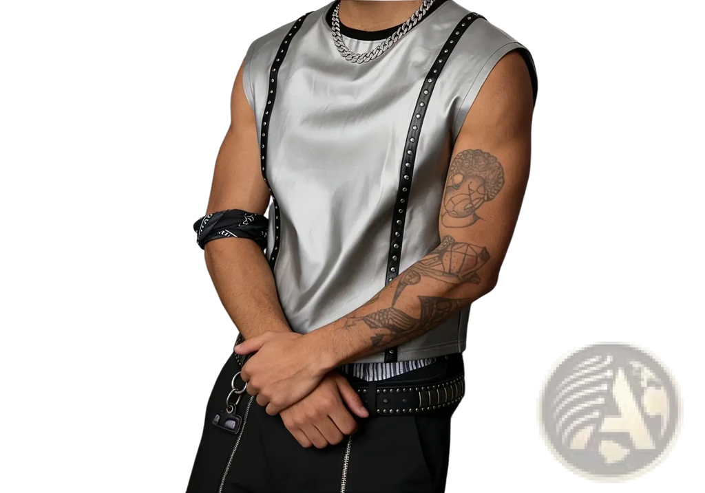 Silver metallic studded men tank top in silver satin with black studded sleeveless straps shown from the back