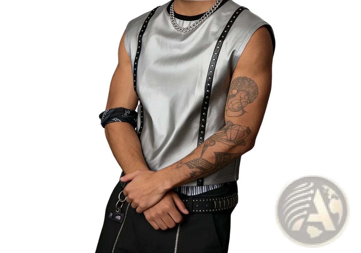 Silver metallic studded men tank top in silver satin with black studded sleeveless straps shown from the back