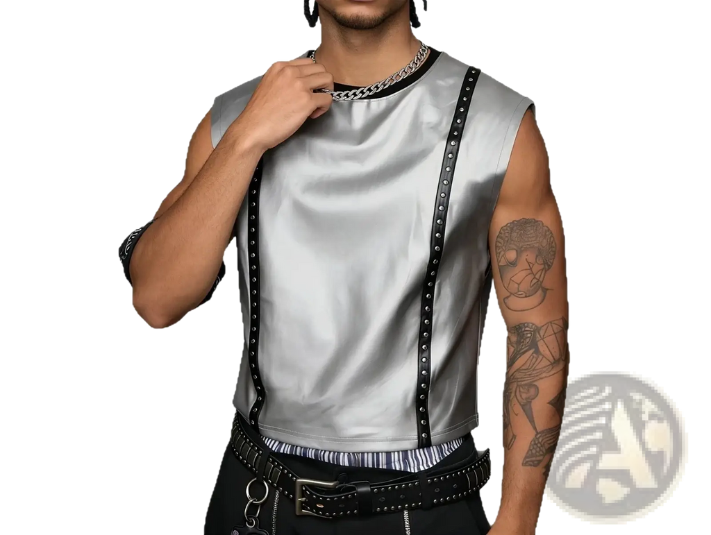 Silver metallic studded men tank top featuring a silver satin sleeveless design with black studded straps