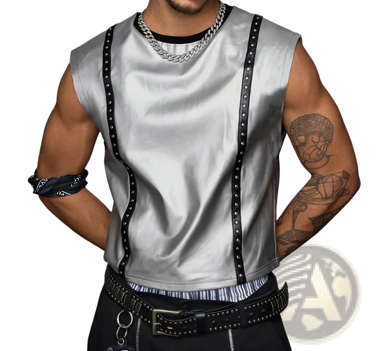 Silver metallic studded men tank top featuring a silver satin sleeveless design with black leather straps