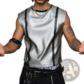 Silver metallic studded men tank top with a silver sleeveless design, black studded straps, and subtle sheen