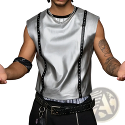Silver metallic studded men tank top with a silver sleeveless design, black studded straps, and subtle sheen