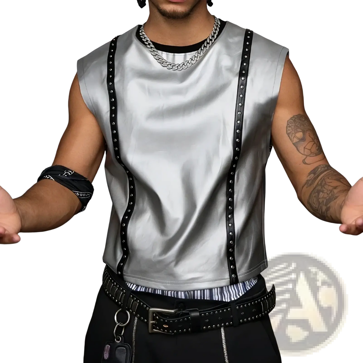 Silver metallic studded men tank top with a silver sleeveless design, black studded straps, and subtle sheen