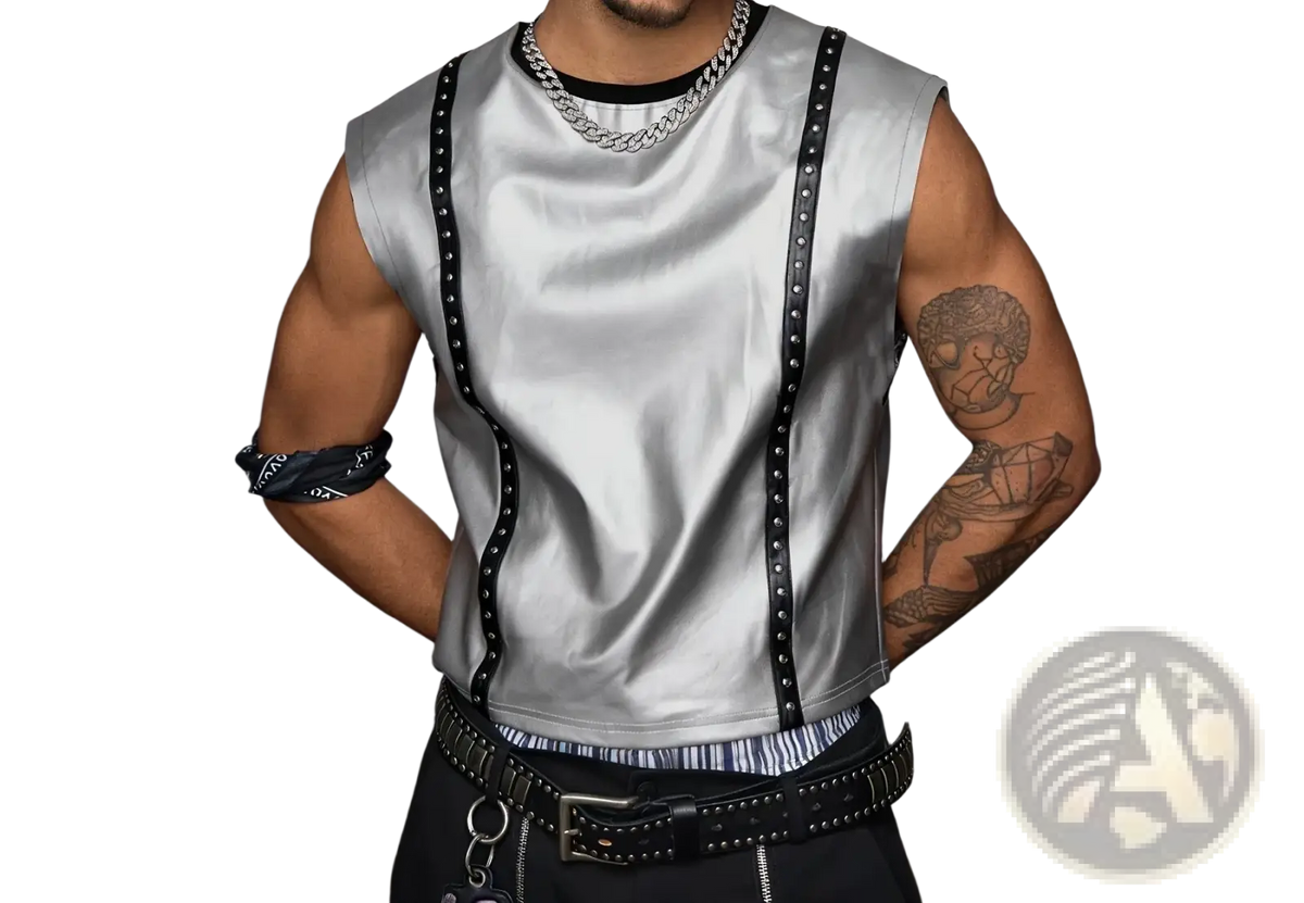 Silver metallic studded men tank top featuring a sleeveless design with black studded straps