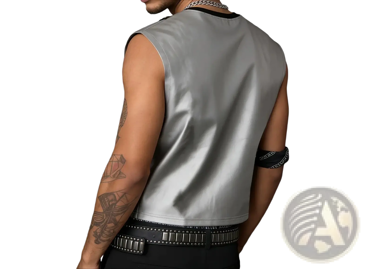 Silver metallic studded men tank top featuring a sleeveless design with black trim and glossy faux-leather finish