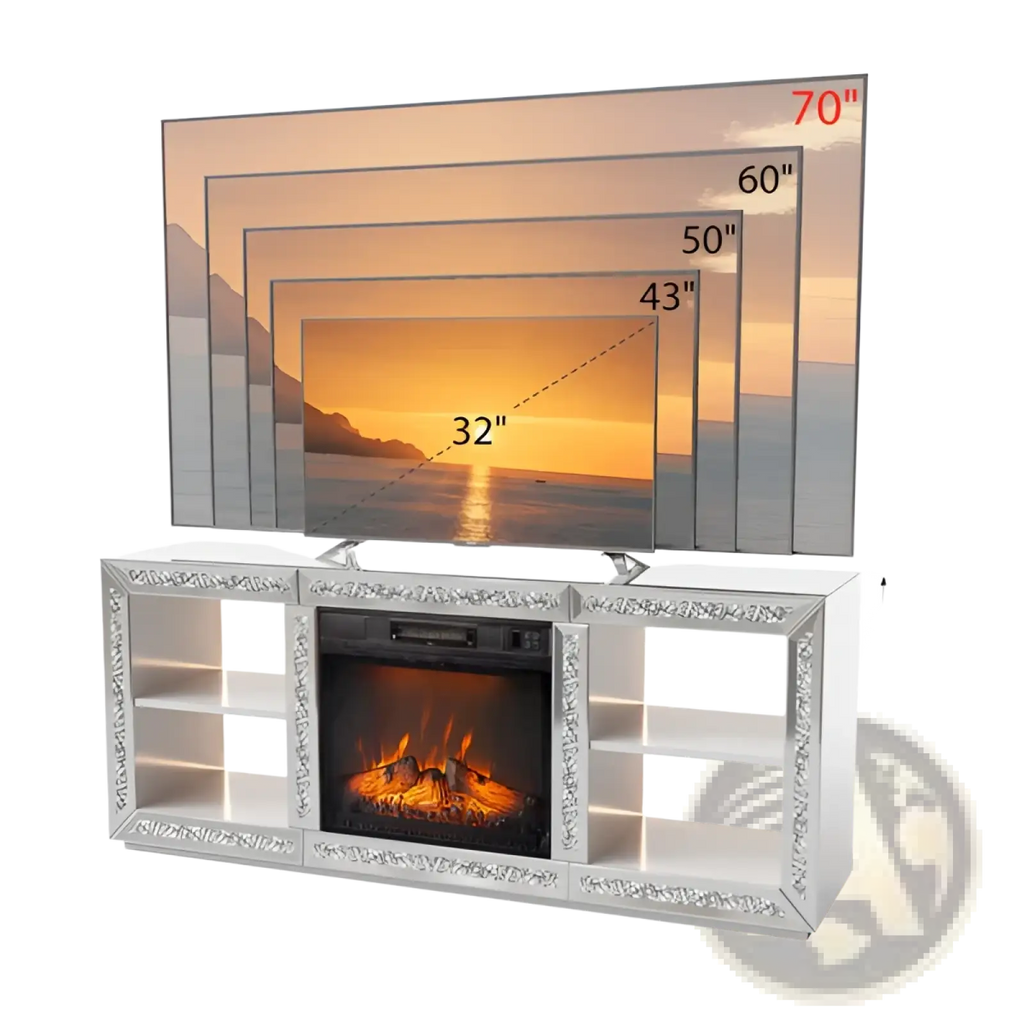 Silver mirrored electric fireplace media console with built-in fire display and glass shelves for storage and display