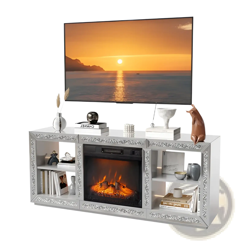 Silver mirror fireplace tv stand with built-in electric fireplace and decorative crystal trim on glass shelves