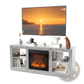 Silver mirror fireplace tv stand with built-in electric fireplace and decorative crystal trim on glass shelves