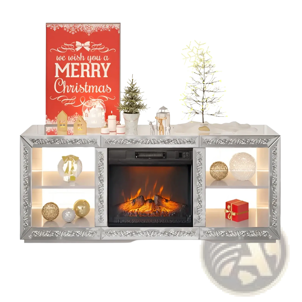 Silver mirror fireplace tv stand with glass shelves featuring a silver mirrored electric fireplace and holiday decor accents