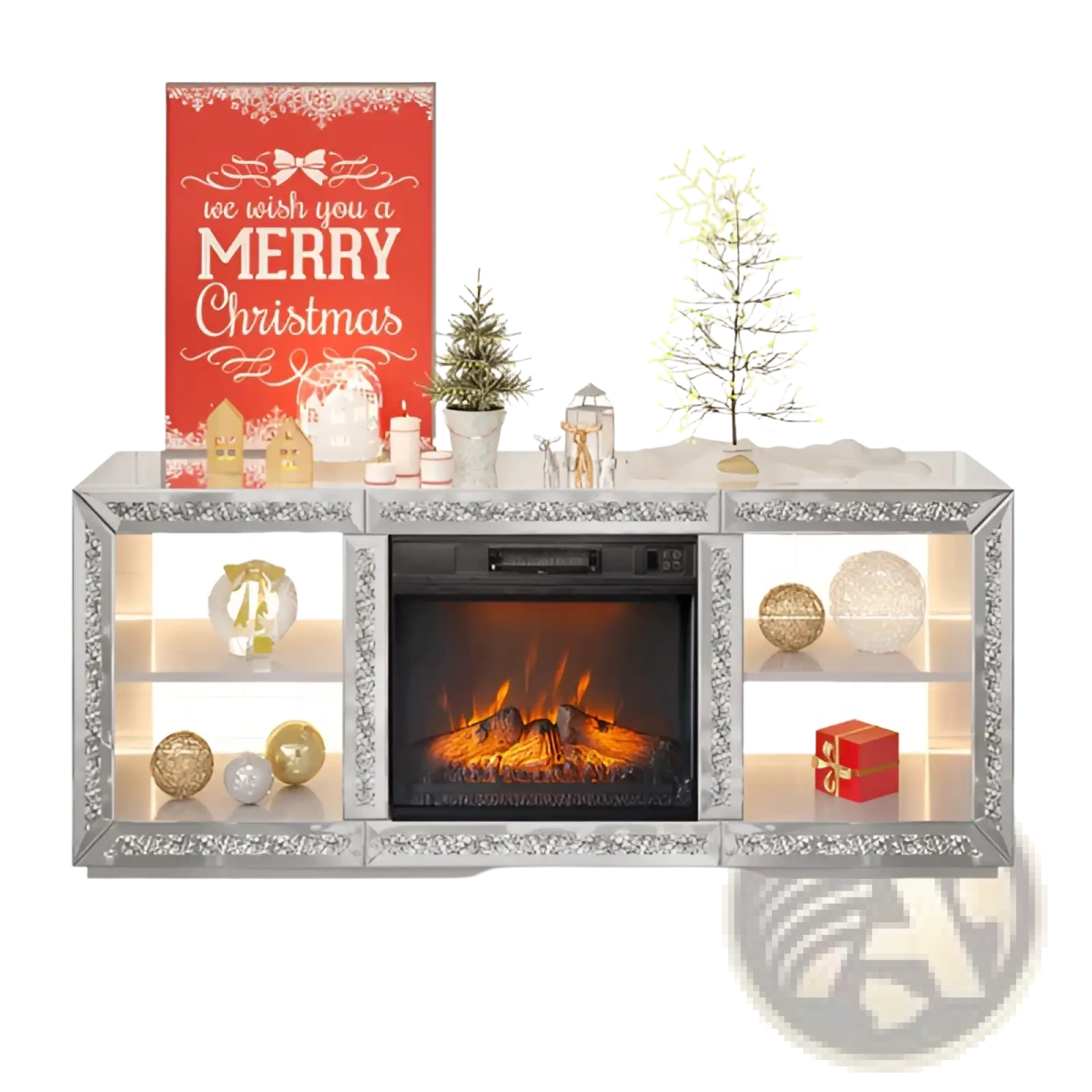 Silver mirror fireplace tv stand with glass shelves featuring a silver mirrored electric fireplace and holiday decor accents