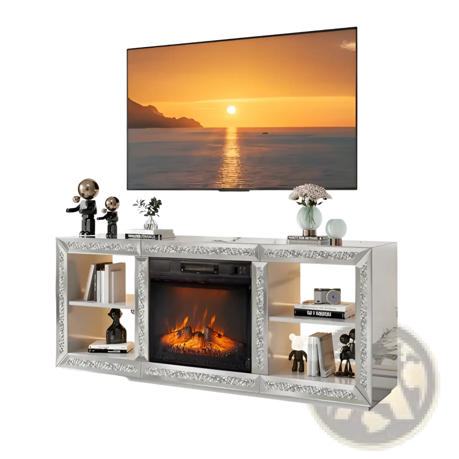Silver mirror fireplace tv stand with glass shelves and decorative accents in a mirrored electric media console design