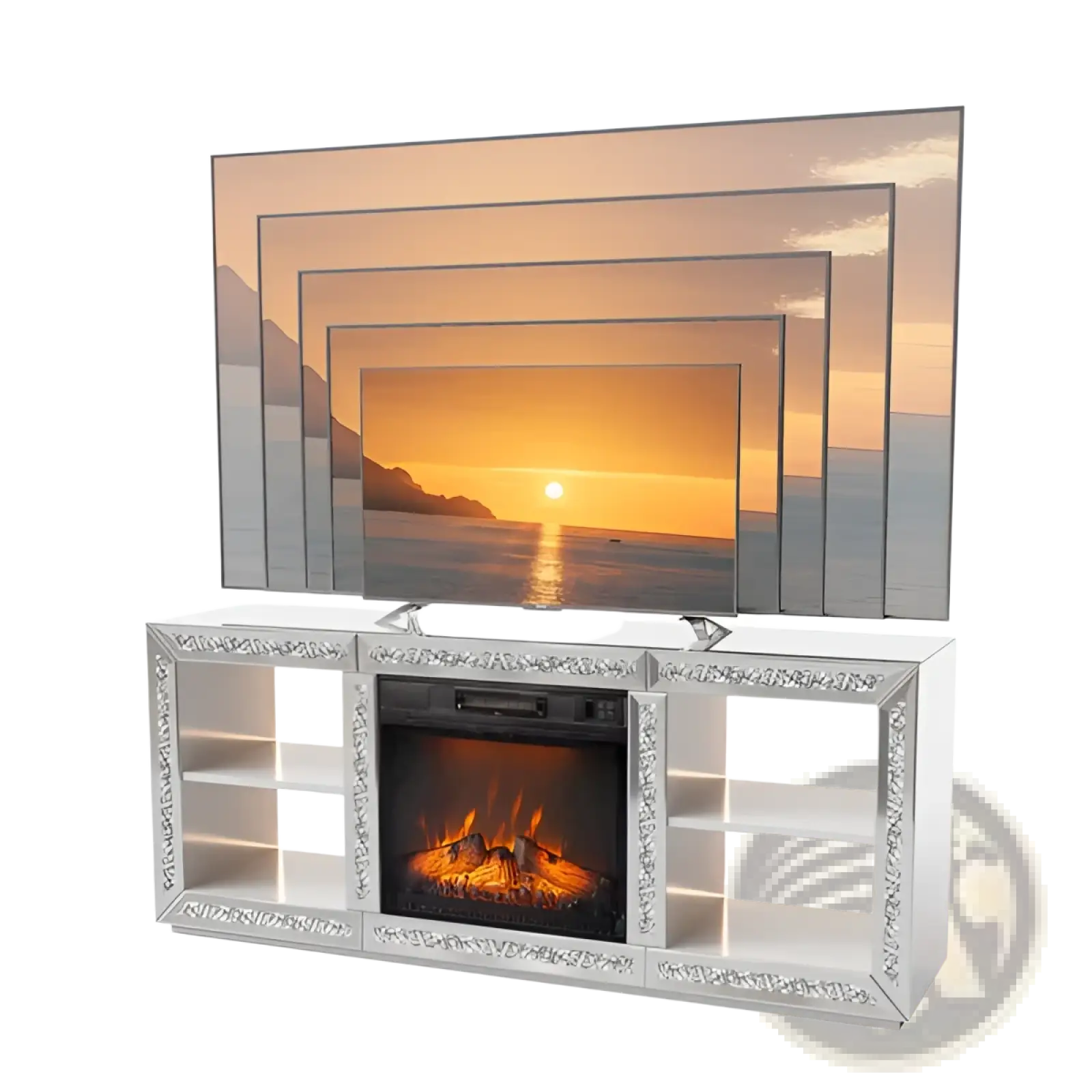 Silver mirrored electric fireplace media console with crystal embellishments and built-in glass shelving for display