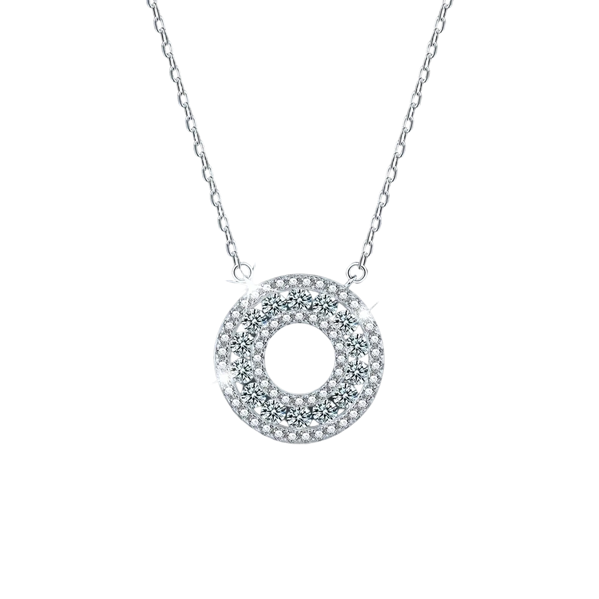 Silver moissanite halo pendant necklace with a circular silver pendant featuring sparkling clear crystals in floral patterns