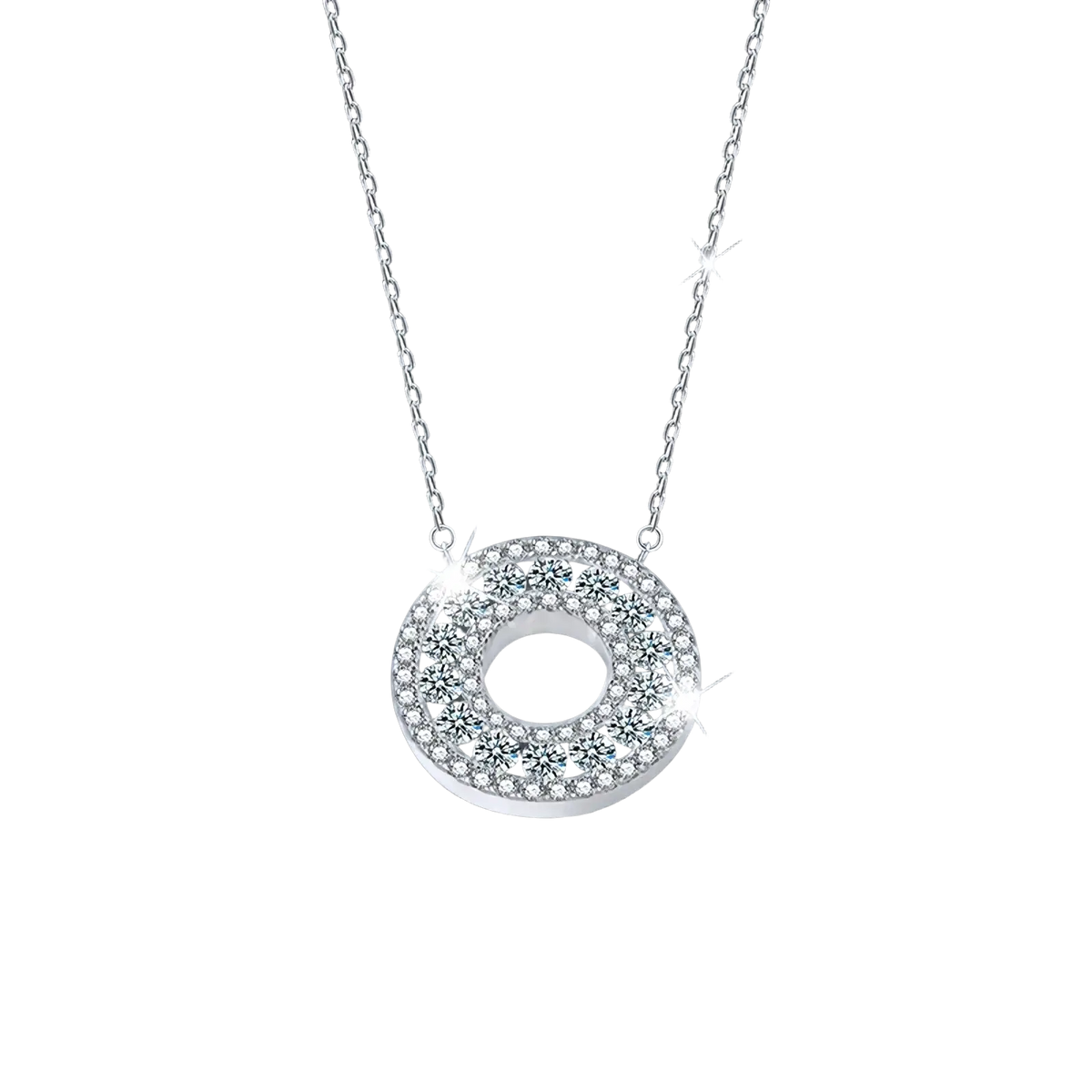 A silver moissanite halo pendant necklace with a circular pendant featuring clear faceted crystals in a sleek frame
