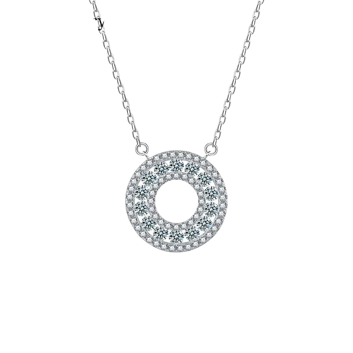 Silver moissanite halo pendant necklace with circular silver pendant and sparkling clear crystals in a minimalist design