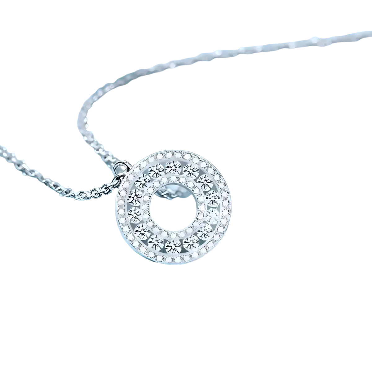 Silver moissanite halo pendant necklace in s925 sterling silver with concentric floral patterns and clear crystals