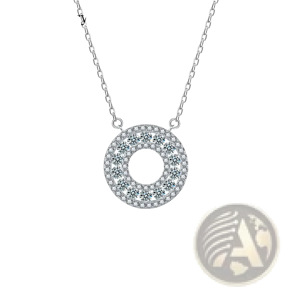 Silver moissanite halo pendant necklace with circular silver pendant and sparkling clear crystals in a minimalist design