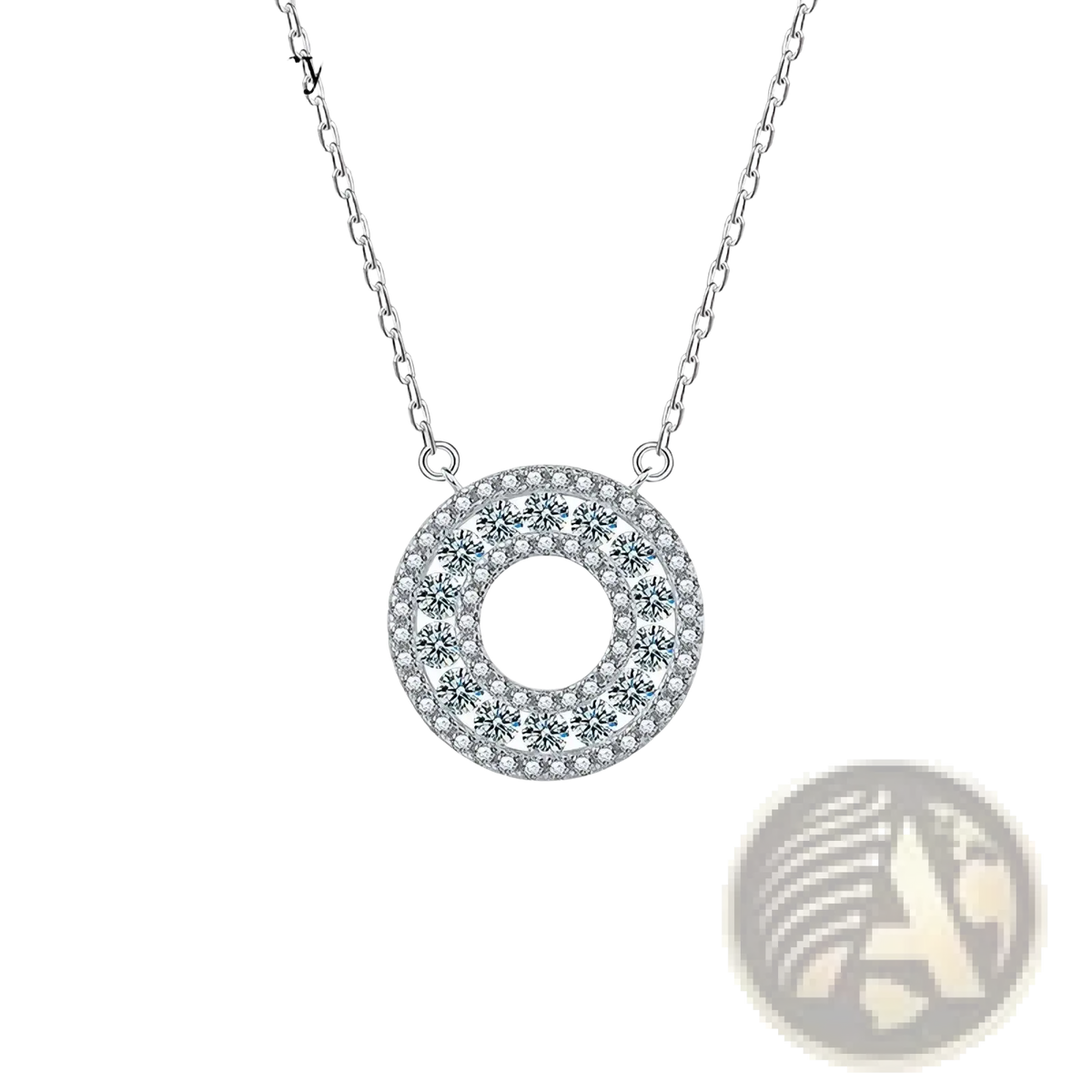 Silver moissanite halo pendant necklace with circular silver pendant and sparkling clear crystals in a minimalist design