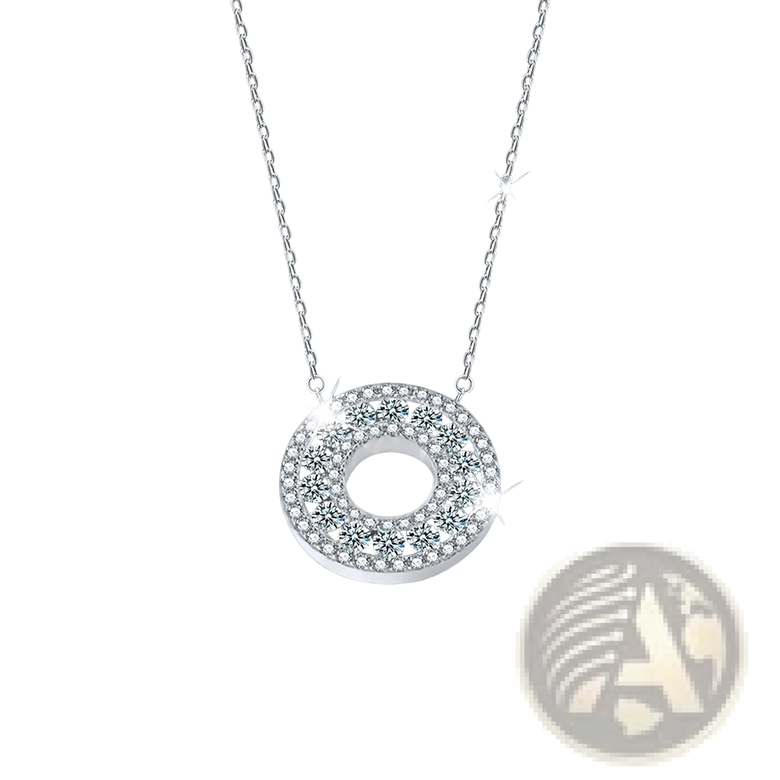 A silver moissanite halo pendant necklace with a circular pendant featuring clear faceted crystals in a sleek frame