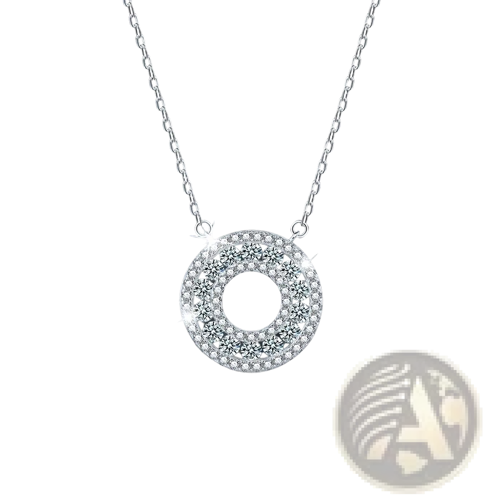 Silver moissanite halo pendant necklace with a circular silver pendant featuring sparkling clear crystals in floral patterns