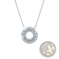 Silver moissanite halo pendant necklace with a circular silver pendant featuring sparkling clear crystals in floral patterns