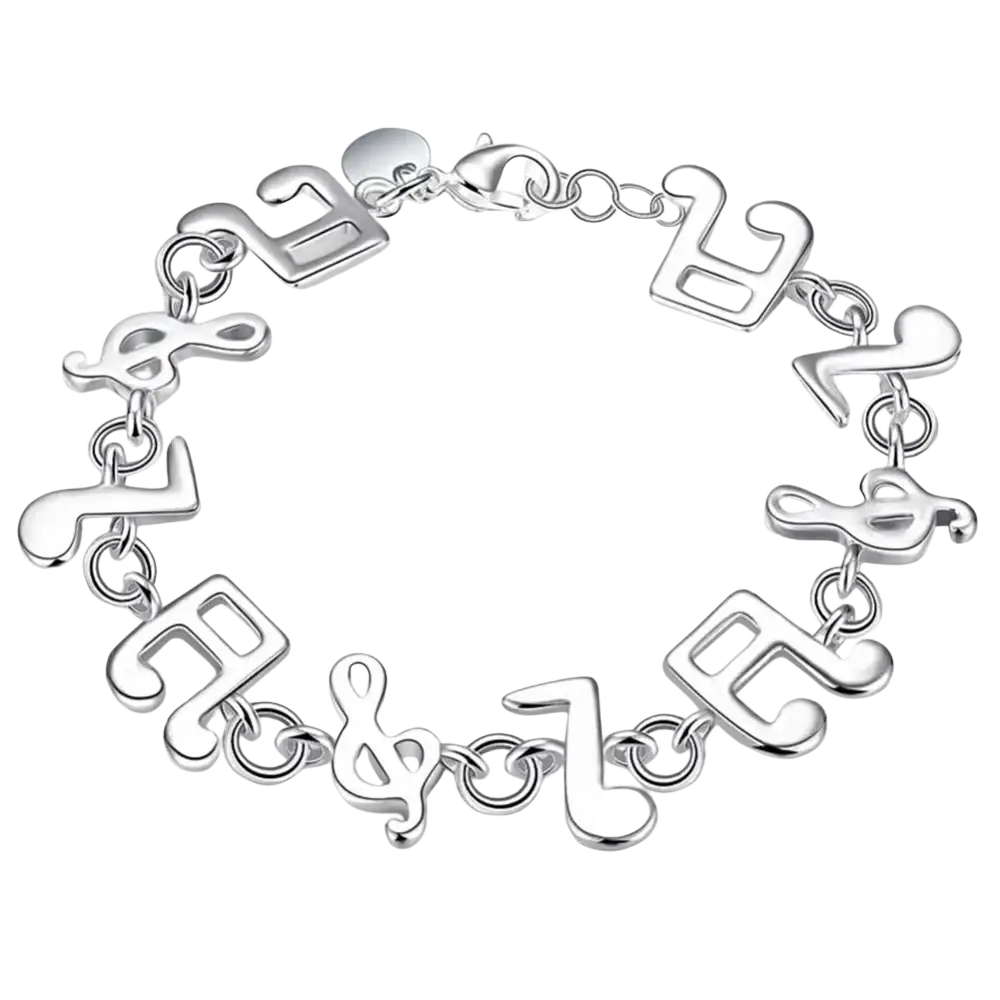 Silver musical note sterling silver bracelet with a sleek polished finish and interlocking chain links