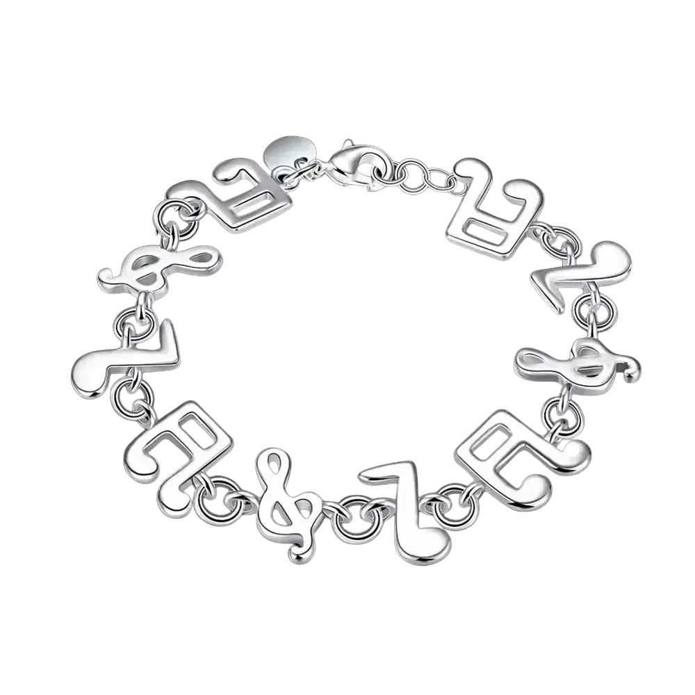 Silver musical note sterling silver bracelet with sleek polished finish and interlocking chain links design