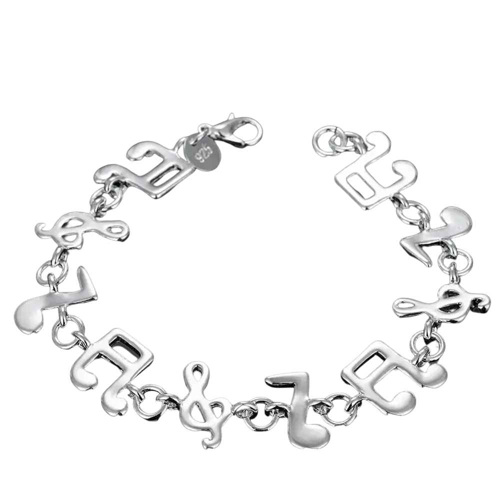 Silver musical note sterling silver bracelet with polished metallic finish and interlocking chain links