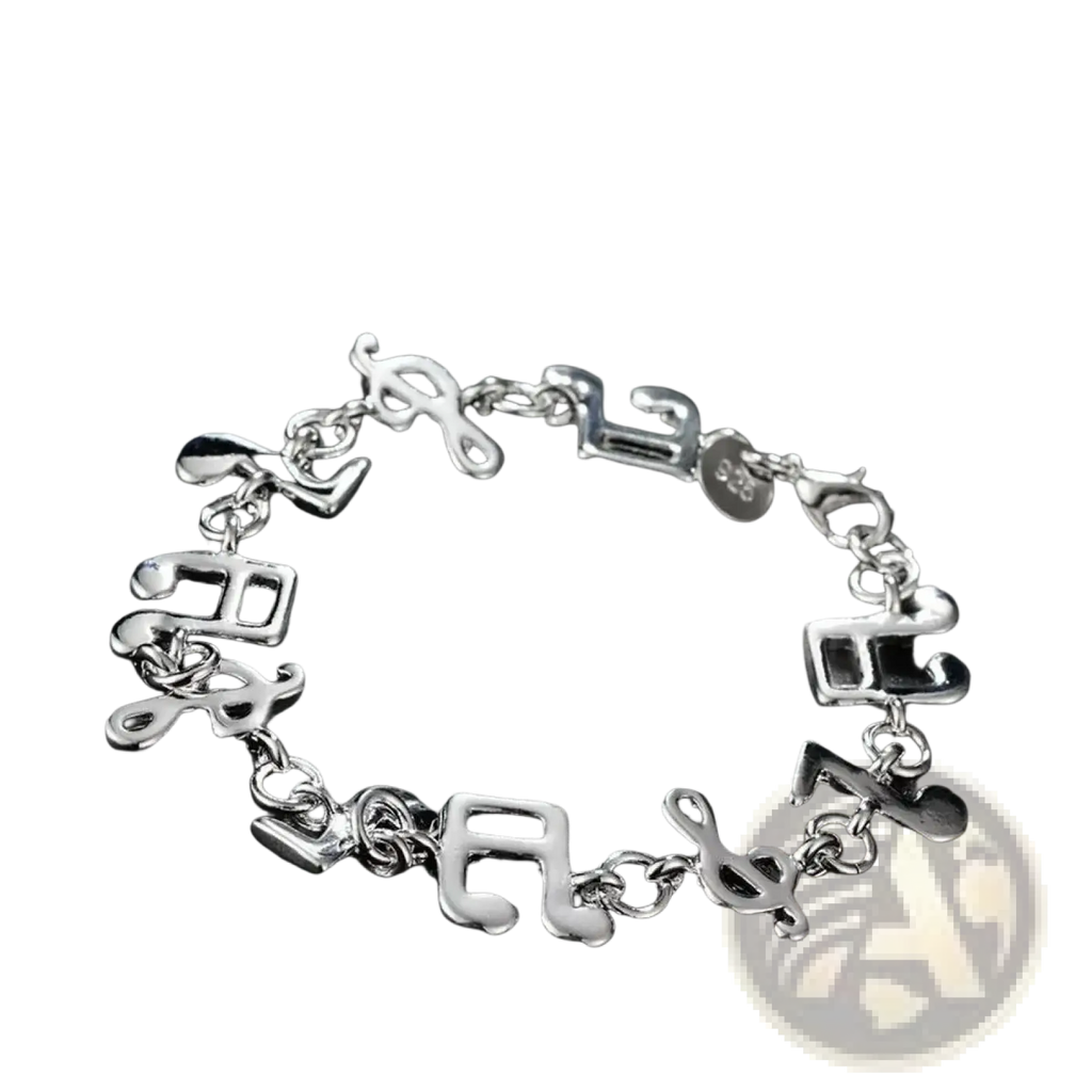 Silver musical note sterling silver bracelet with polished reflective charms and intricate detailing on 925 silver
