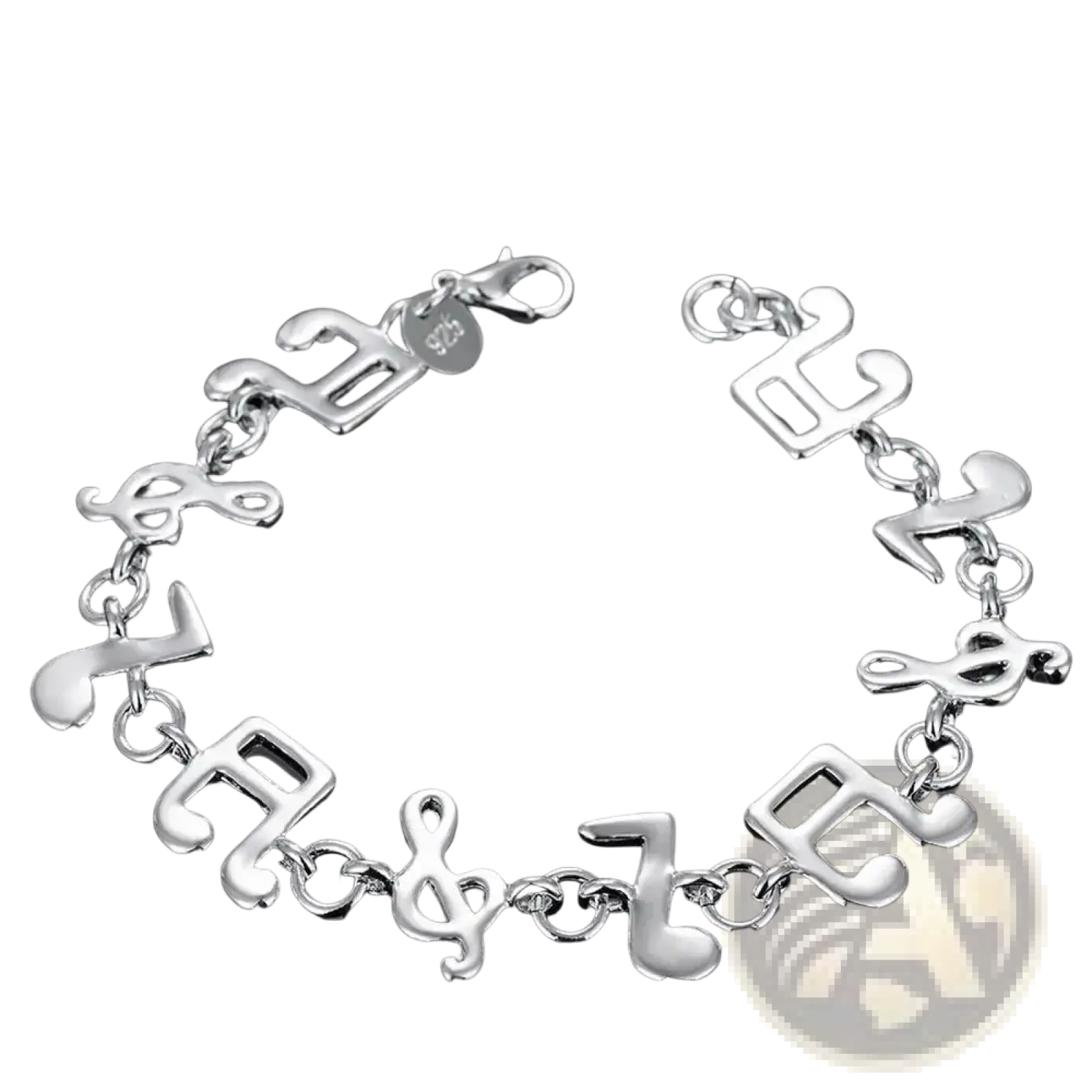 Silver musical note sterling silver bracelet with polished metallic finish and interlocking chain links