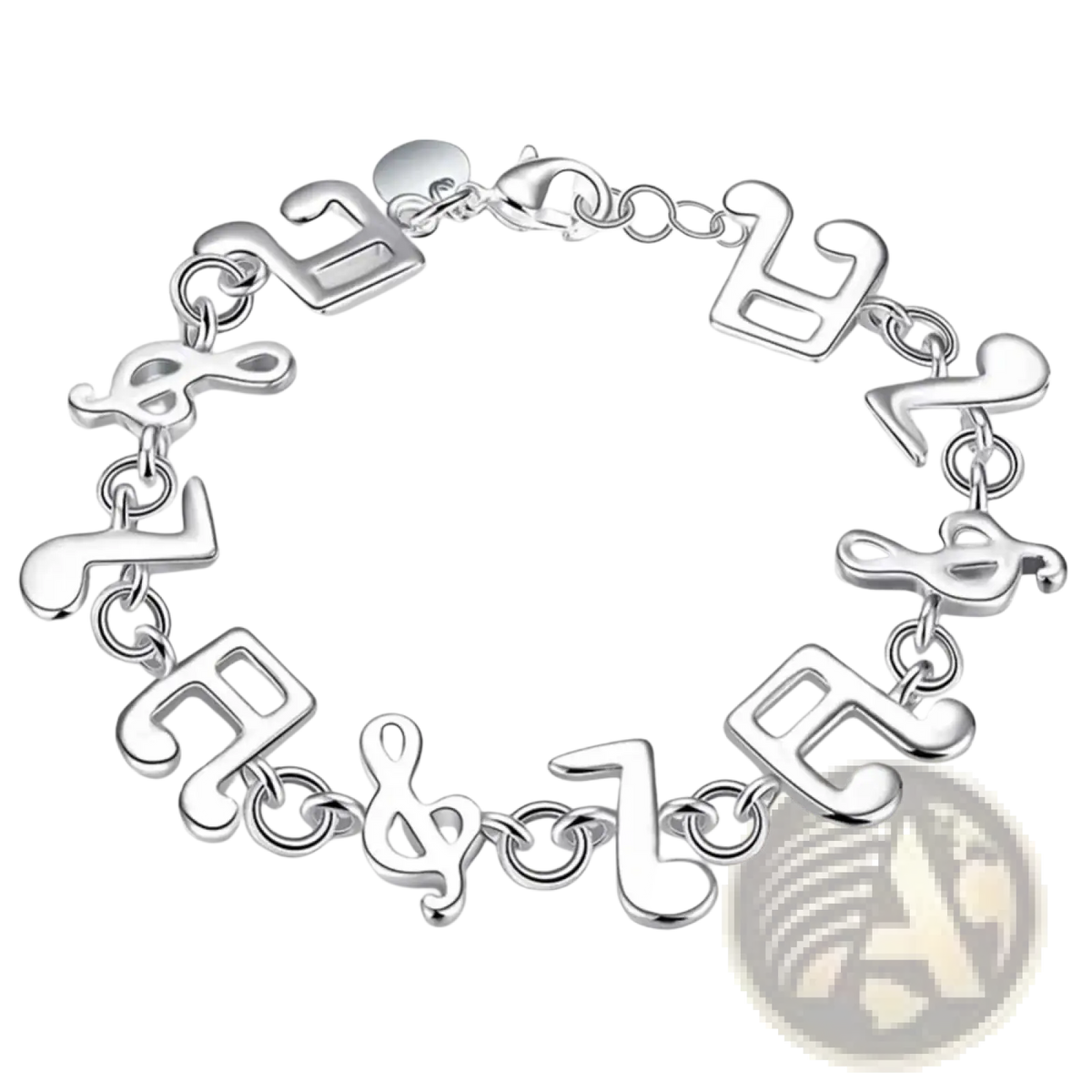 Silver musical note sterling silver bracelet with a sleek polished finish and interlocking chain links