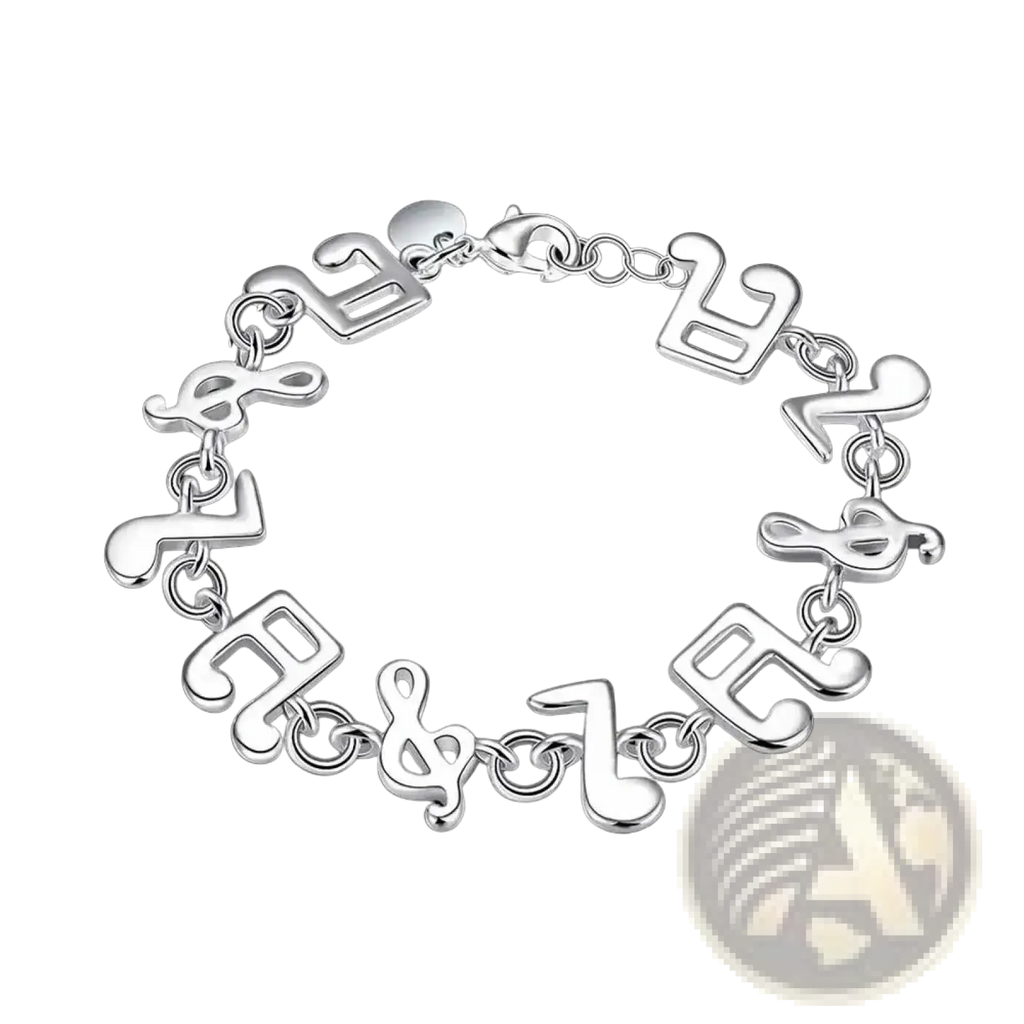 Silver musical note sterling silver bracelet with sleek polished finish and interlocking chain links design