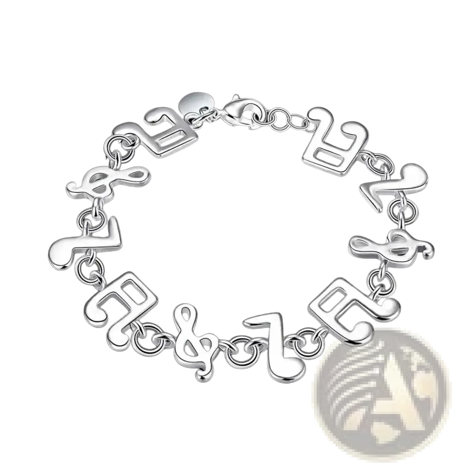Silver musical note sterling silver bracelet with sleek polished finish and interlocking chain links design