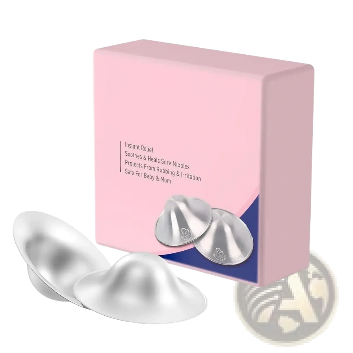 Silver metallic nursing pads with smooth rounded design and subtle embossed branding for breastfeeding healing