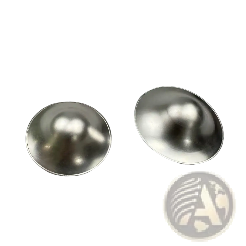 Two shiny metallic silver nipple shields with smooth reflective surface for breastfeeding healing use