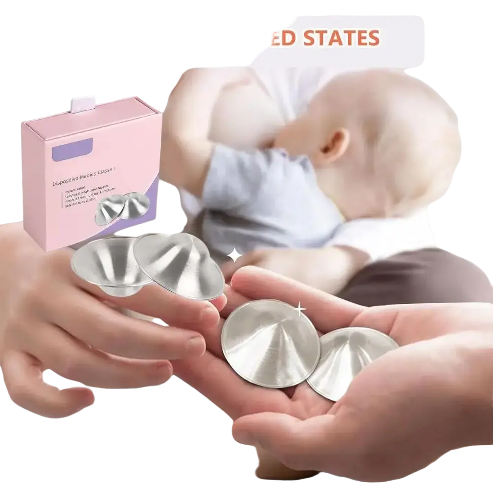 Silver metallic nipple shields designed for breastfeeding to soothe soreness shown from the back side
