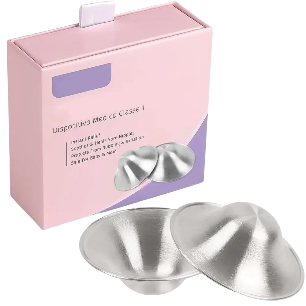 Silver metallic nursing pads with smooth rounded dome design for breastfeeding to soothe nipple soreness