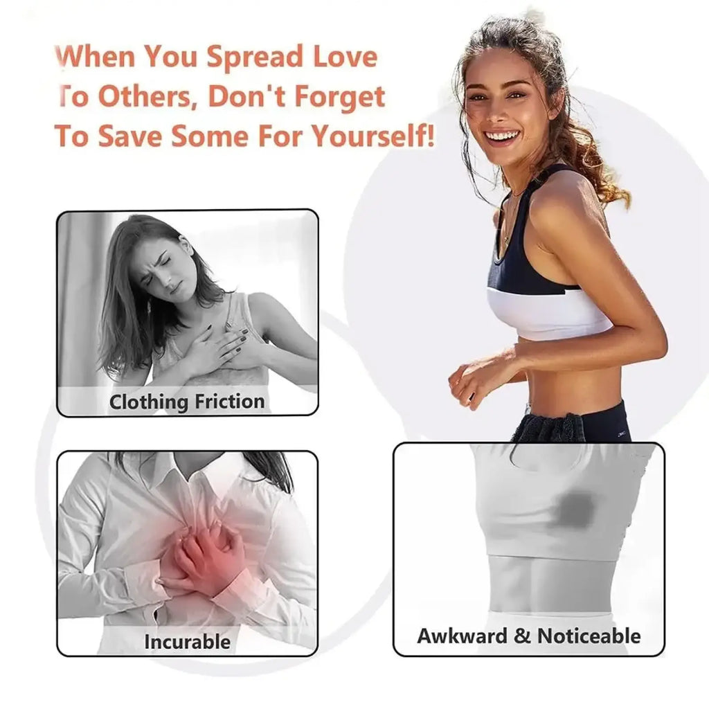Black and white sports bra with racerback design shown from the back alongside silver nipple shields for breastfeeding soreness