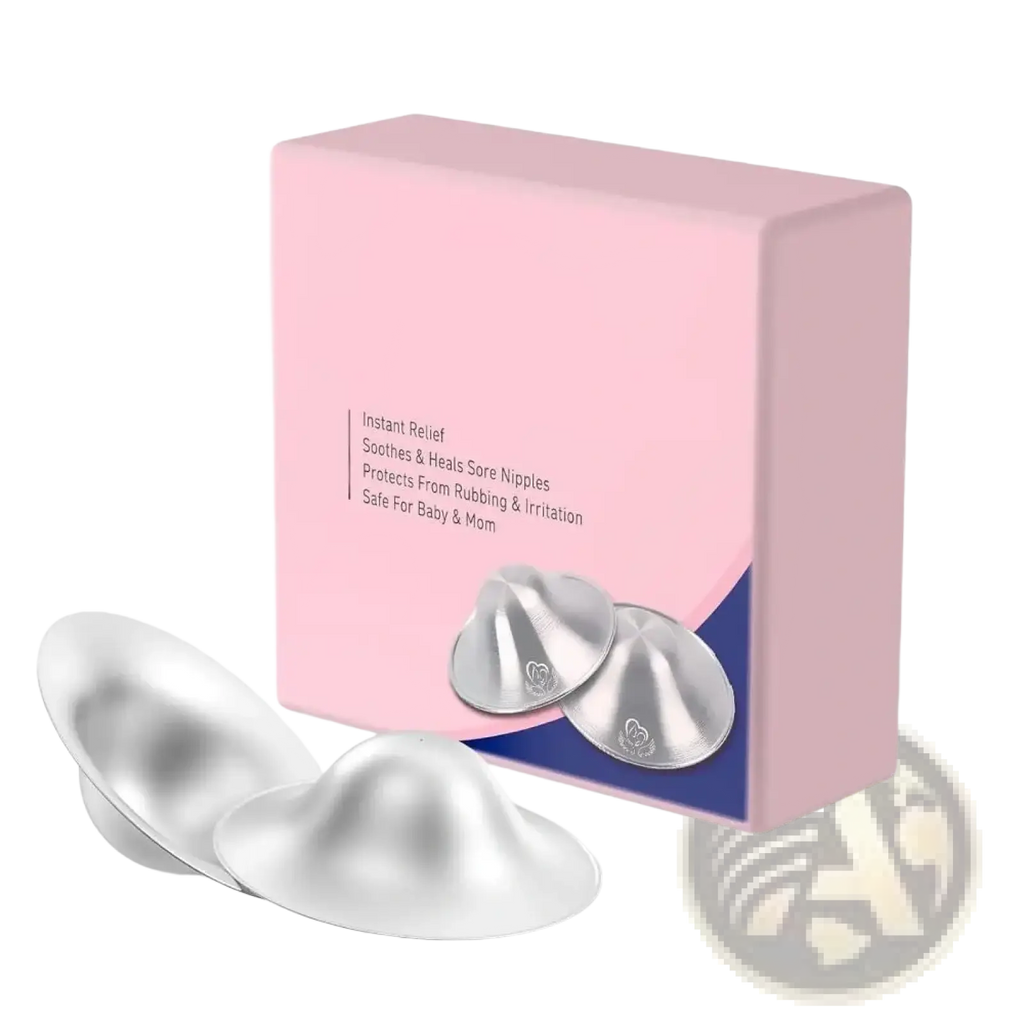 Silver metallic nursing pads with smooth rounded design and subtle embossed branding for soothing breastfeeding soreness