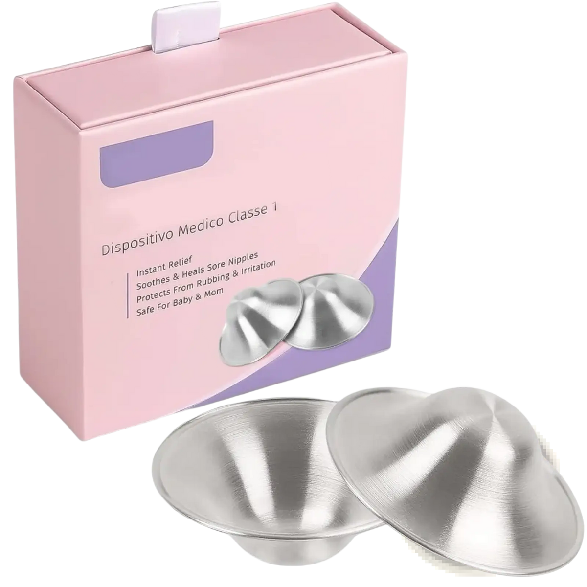 Silver metallic nursing pads with smooth rounded dome design for breastfeeding to soothe nipple soreness