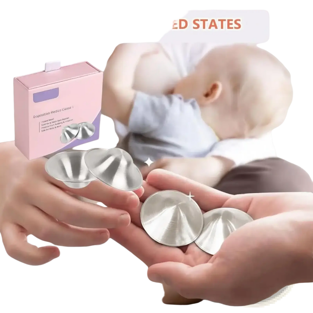 Silver metallic nipple shields designed for breastfeeding to soothe soreness shown from the back side