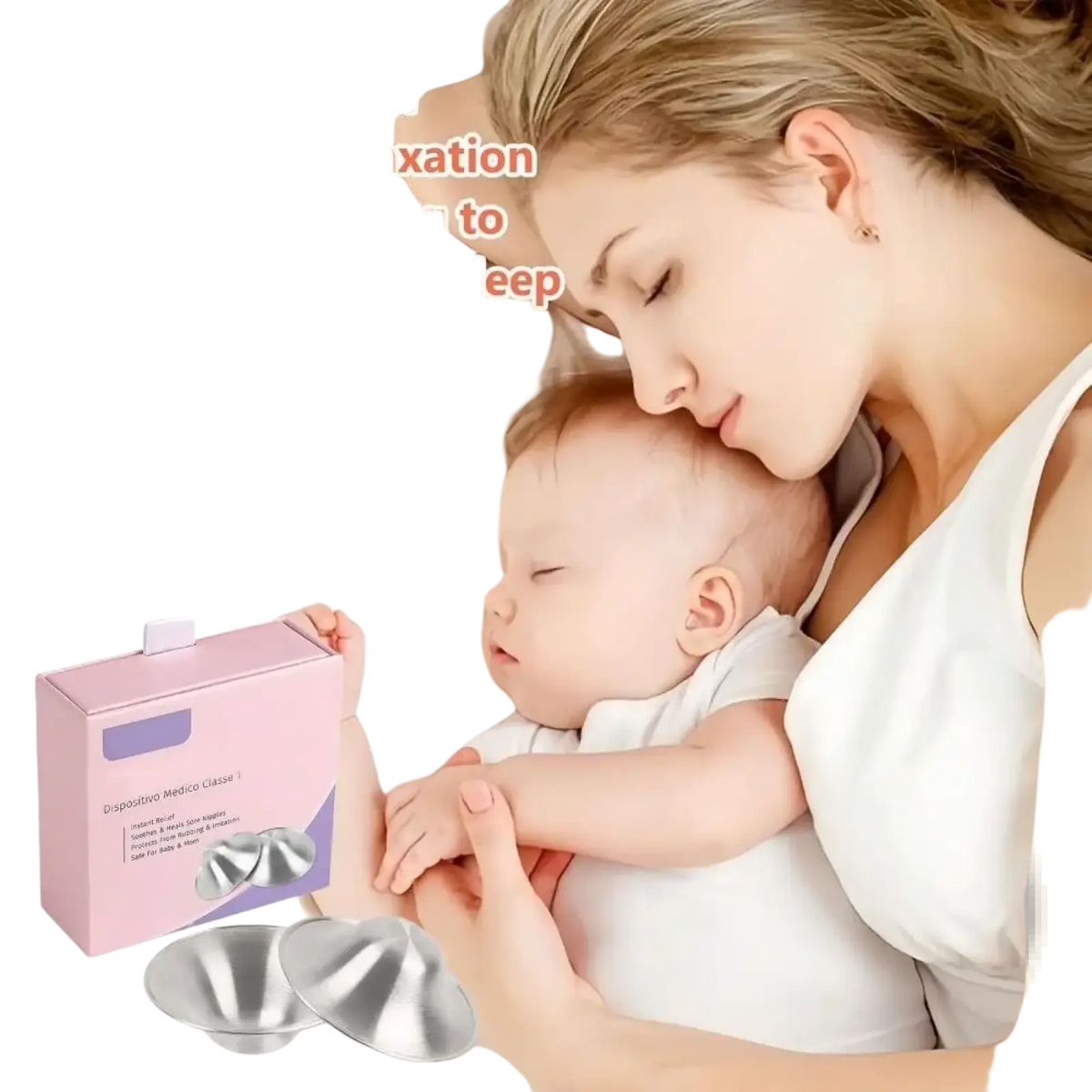 Silver metallic breast form inserts in a pink box labeled disposable medico classe 1 for soothing breastfeeding soreness