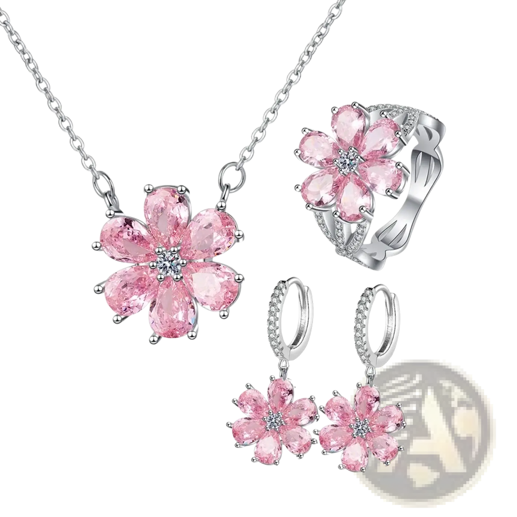 Silver pink cherry blossom jewelry set with necklace ring and earrings featuring pink blossoms and silver-toned metalwork