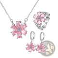 Silver pink cherry blossom jewelry set with necklace ring and earrings featuring pink blossoms and silver-toned metalwork