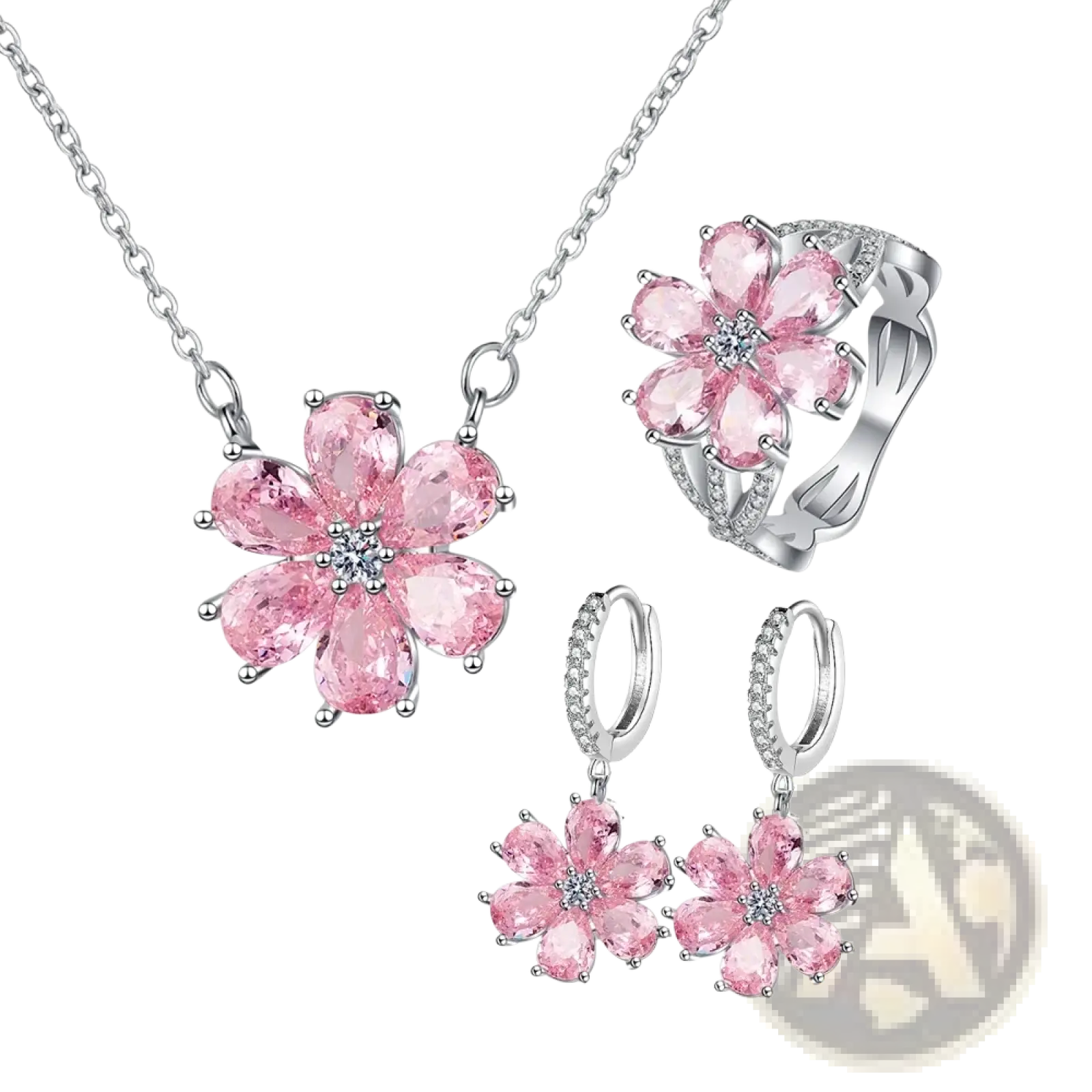 Silver pink cherry blossom jewelry set with necklace ring and earrings featuring pink blossoms and silver-toned metalwork