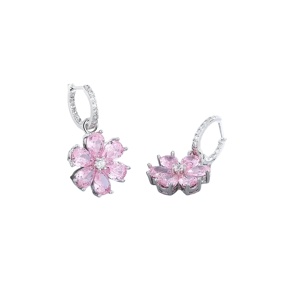 Silver pink cherry blossom earrings featuring silver-toned metal and sparkling clear stones in a jewelry set